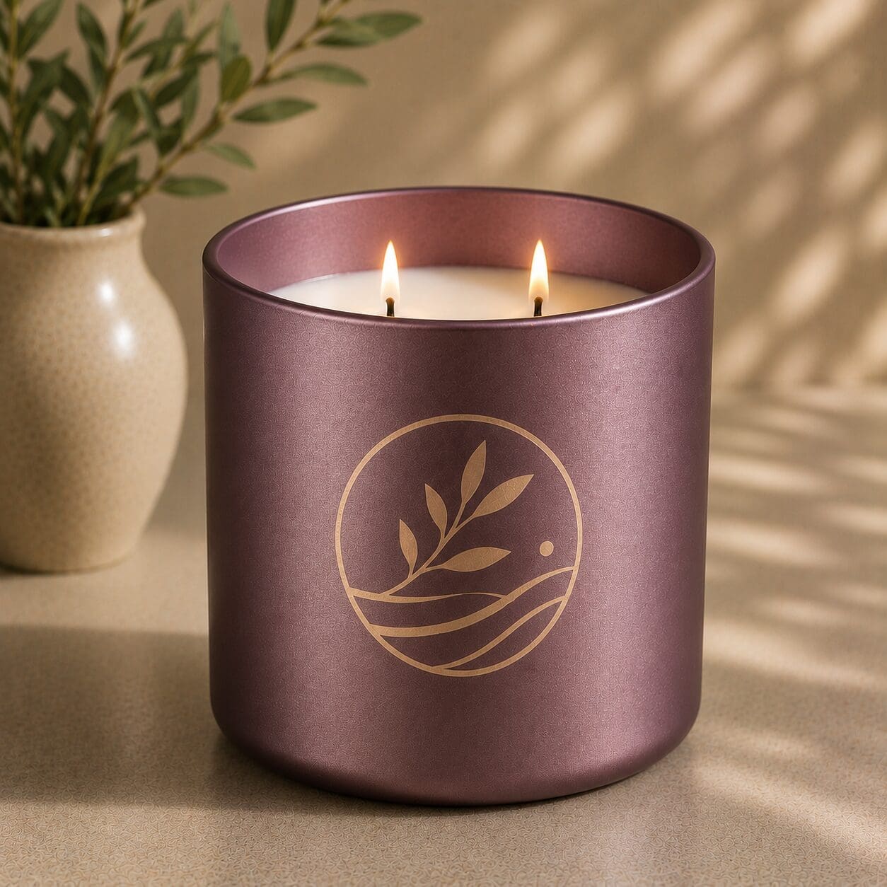 Mauve cylindrical candle jar with gold leaf logo and two lit flames, displayed beside a cream ceramic vase with green plant and natural shadow backdrop