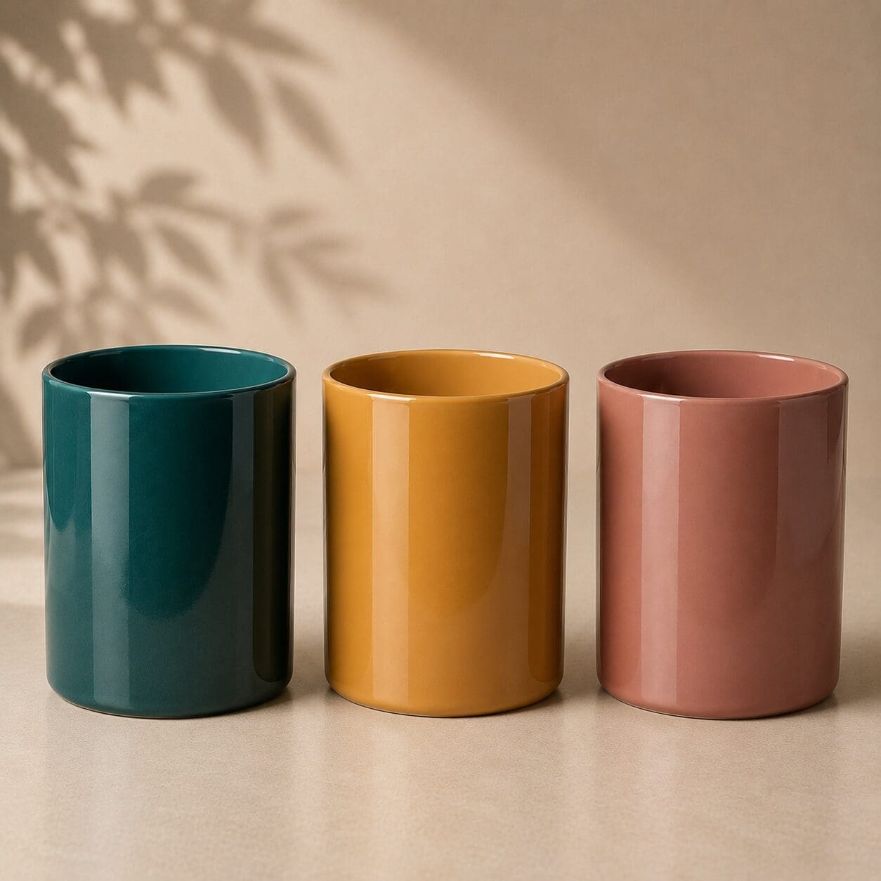 Three glossy ceramic cylinders in teal, mustard yellow, and mauve arranged on a neutral surface with leaf shadows