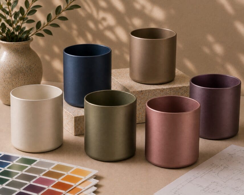 Six cylindrical matte-finish drinkware containers in cream, navy, sage green, taupe, mauve, and burgundy arranged on a textured surface with a color palette swatch and potted plant visible