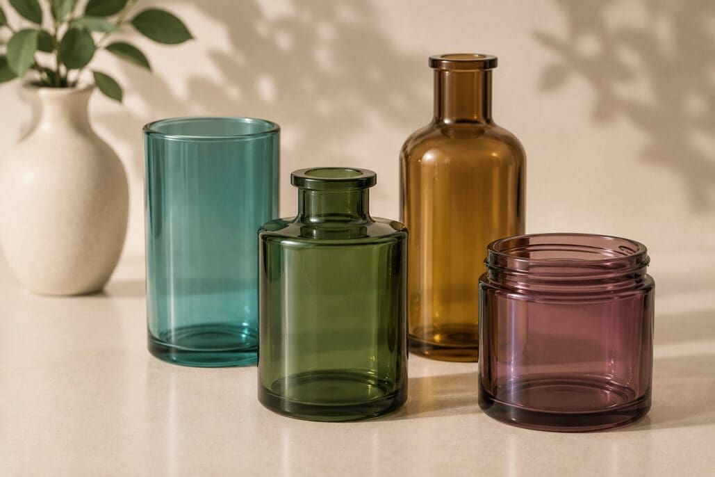 Collection of colored glass containers including teal cylinder, green apothecary jar, amber bottle, and mauve jar arranged on white surface with potted plant