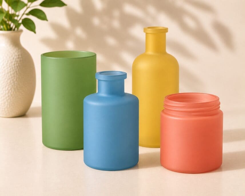 Colorful glass containers and bottles displayed on a neutral surface, including a green cylinder, blue jar, yellow bottle, and coral jar with white potted plant in background