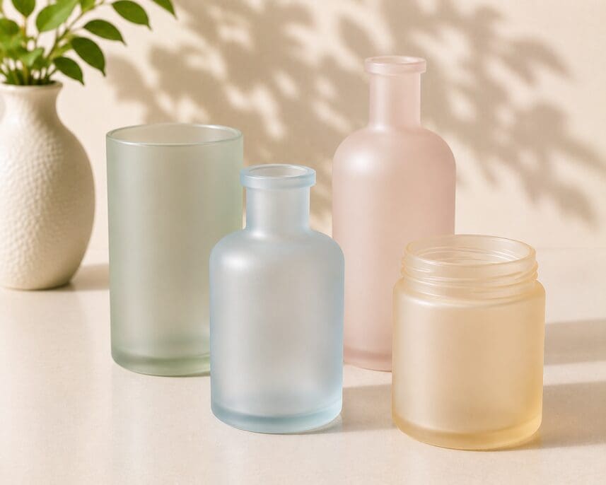 Frosted glass containers and bottles in various shapes displaying decorated drinkware and candle jar options with soft neutral tones and natural lighting