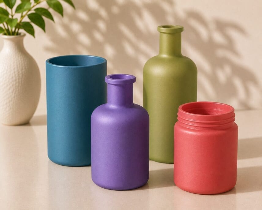 Colorful decorative glass containers and bottles arranged on a neutral surface, including a blue cylinder, purple bottle, green bottle, red jar, and white textured vase with green plant