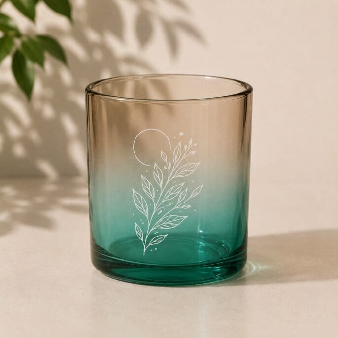 Gradient green glass candle jar with white botanical leaf engraving and crescent moon design, displayed on neutral surface with plant shadows