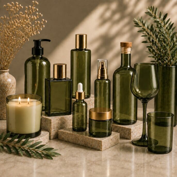 Luxury spa and beauty products displayed with olive green glass bottles, gold accents, candles, and decorative drinkware on natural stone platforms with dried botanicals