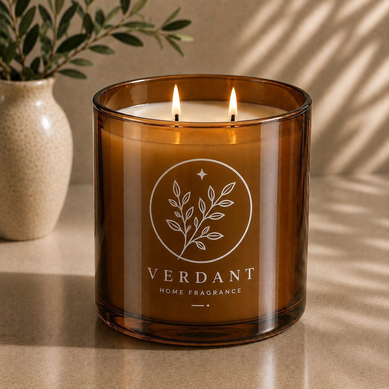 Amber glass candle with two lit wicks, white leaf logo, and "Verdant Home Fragrance" label, displayed beside a cream ceramic vase with greenery and natural sunlight casting shadows