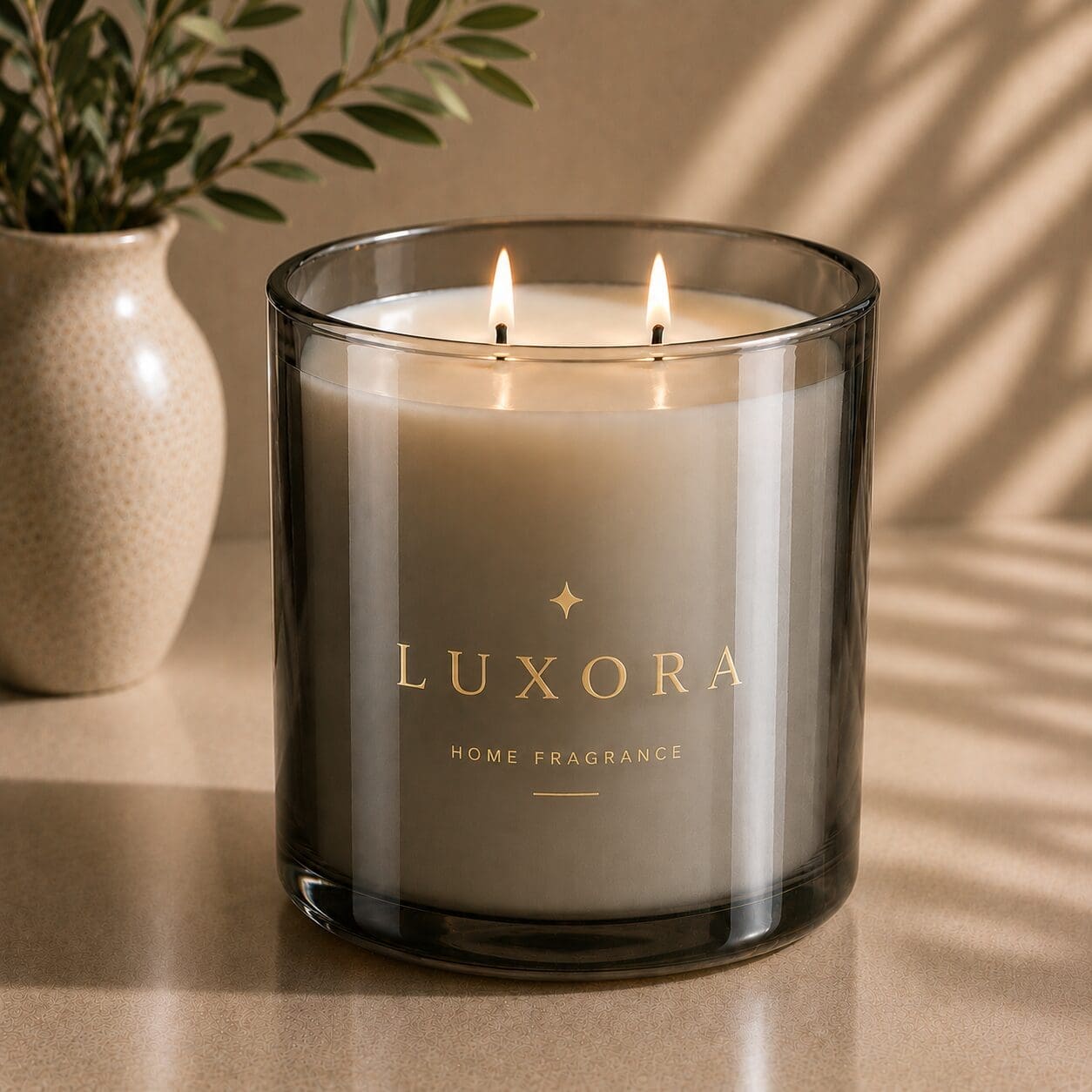 Luxora luxury candle in clear glass jar with two burning wicks and gold foil label, styled with potted plant and natural sunlight shadows