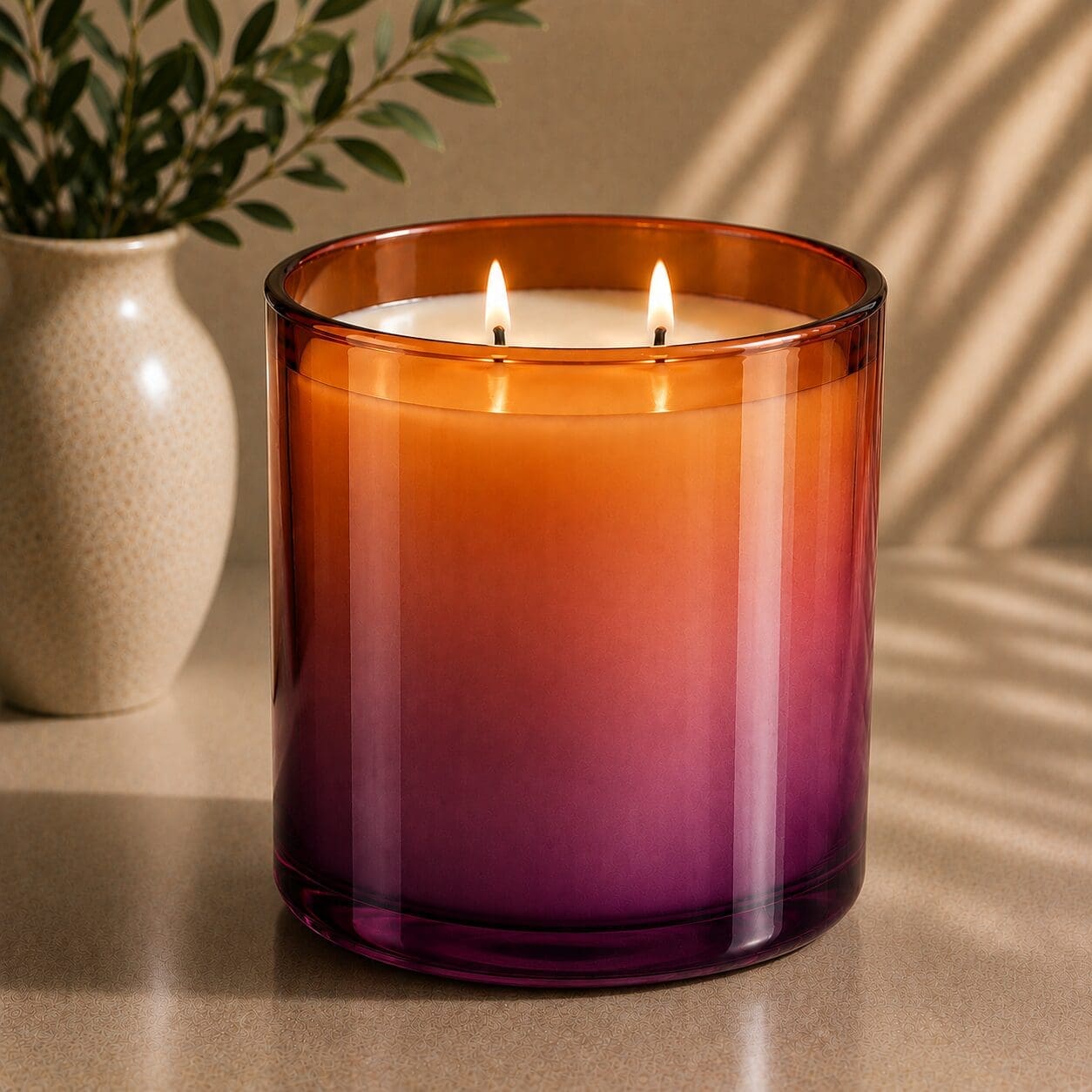 Gradient amber-to-burgundy glass candle with two lit wicks beside a cream ceramic vase with greenery, casting window shadows on a neutral surface