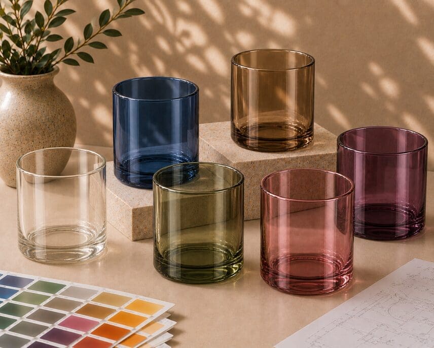 Colorful glass drinkware and candle jars in various hues displayed on stone blocks with design swatches and architectural drawings, showcasing glass decorating options