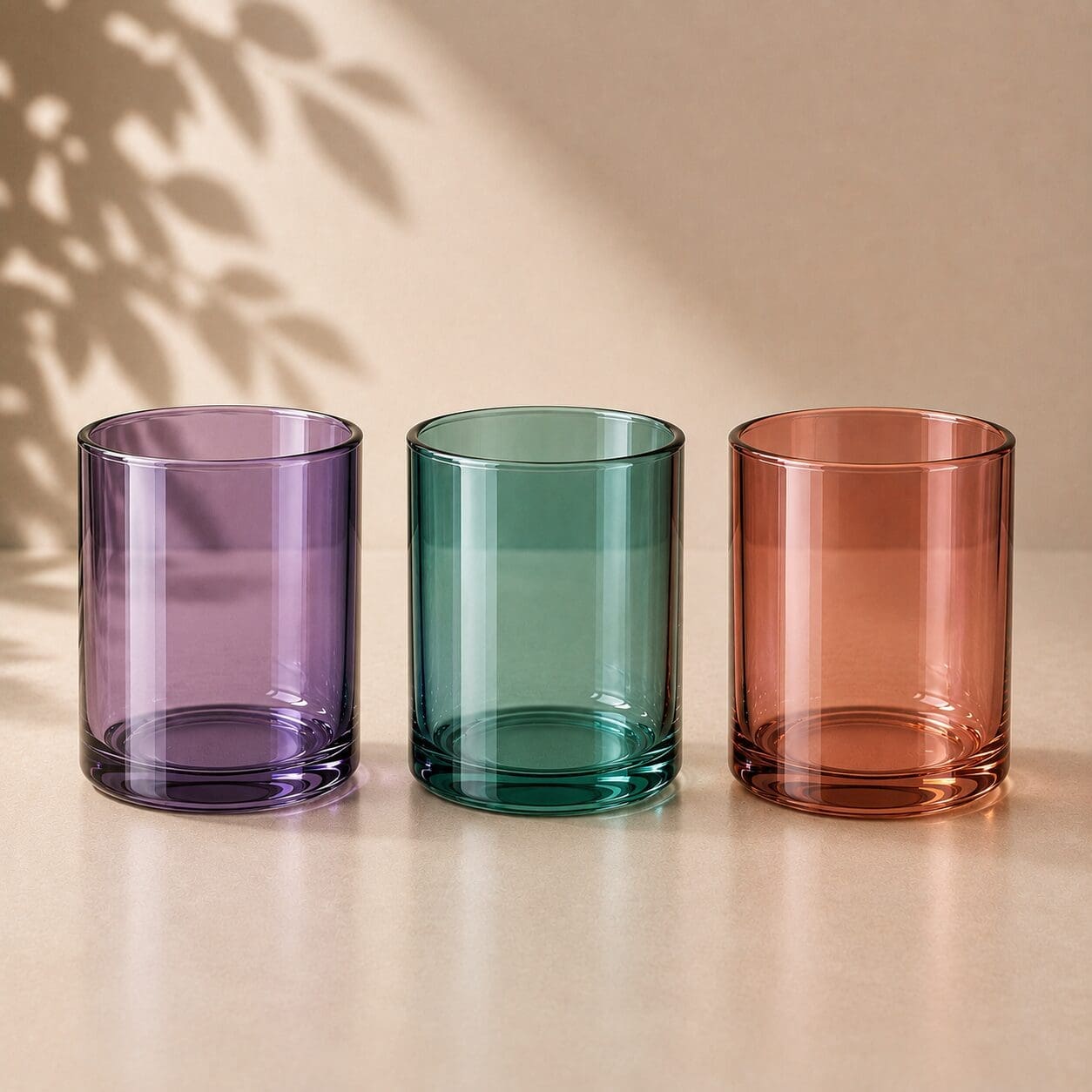 Three empty colored glass cylinders in purple, green, and coral arranged in a row with natural lighting and leaf shadows on a neutral background