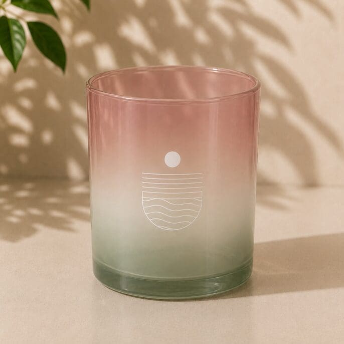 Gradient frosted glass candle jar with minimalist sun and water line design, transitioning from pink to green tones