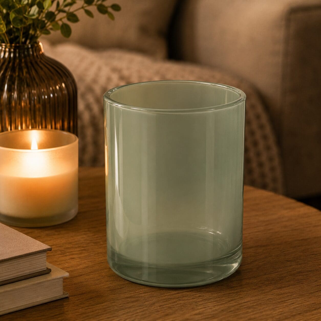 Empty frosted glass cylinder jar on wooden table with lit candle and gold ribbed vase in soft home décor setting