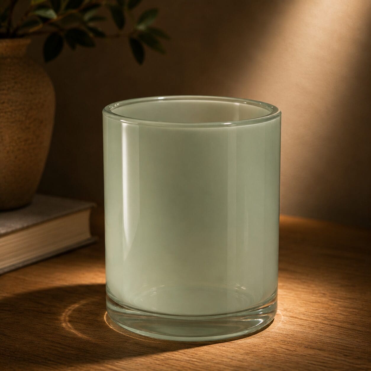 Frosted pale green glass cylinder candle jar with clear bottom on wooden surface beside potted plant and book