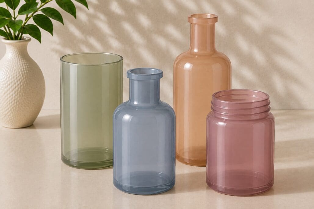 Four colored glass containers on a beige surface beside a potted plant: a green cylinder, blue bottle, peach bottle, and mauve jar with ridged texture