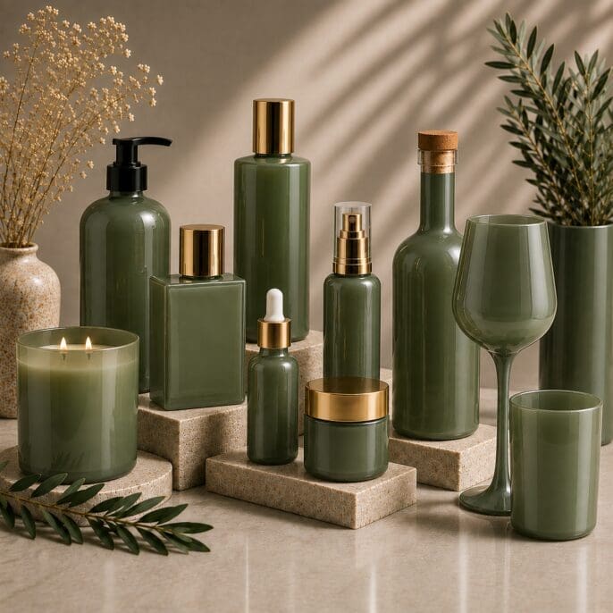Collection of sage green glass bottles, jars, and drinkware with gold accents arranged on cork pedestals alongside a lit candle and dried botanicals