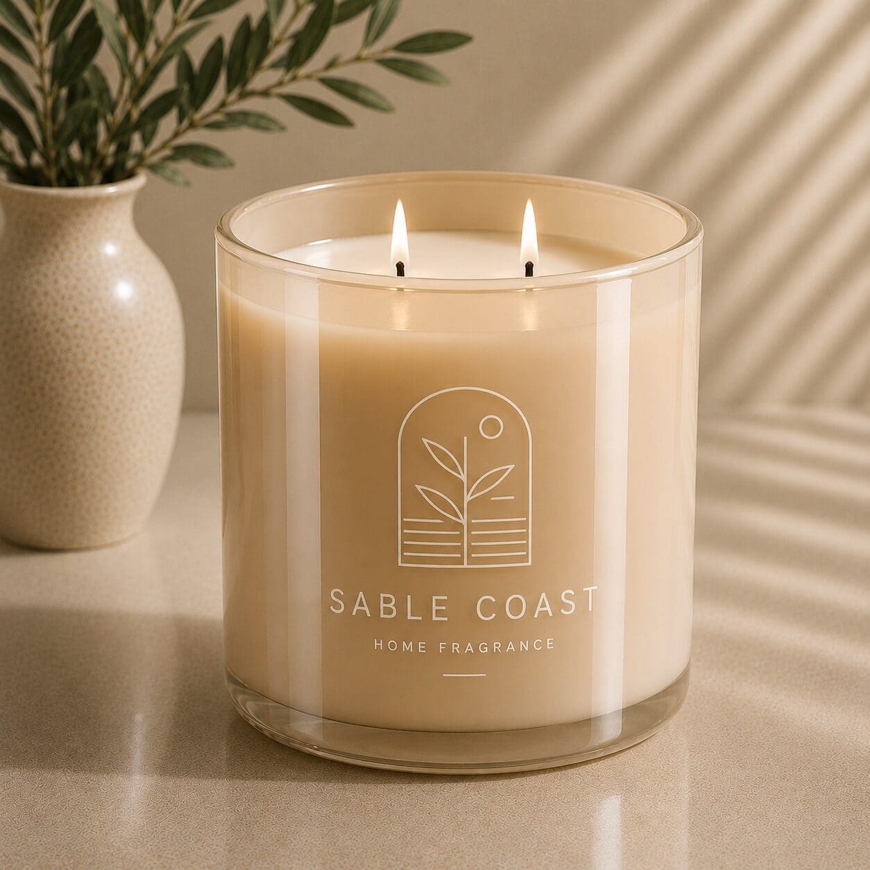 Lit two-wick candle in clear glass jar with "Sable Coast Home Fragrance" label, displayed beside potted plant with neutral decor and window light