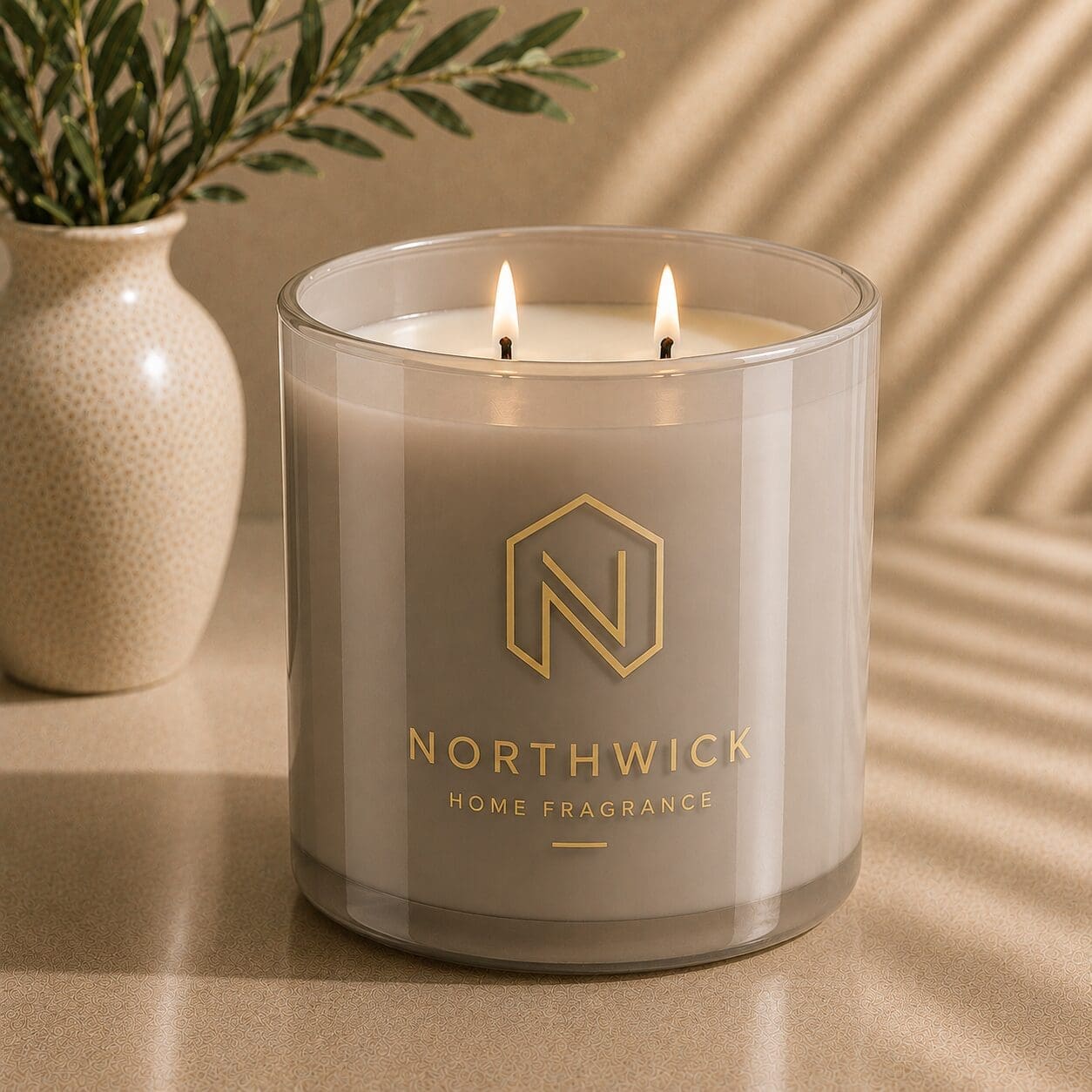 Luxury scented candle with dual wicks in clear glass jar featuring gold Northwick Home Fragrance logo, displayed beside white ceramic vase with greenery and warm sunlight shadows
