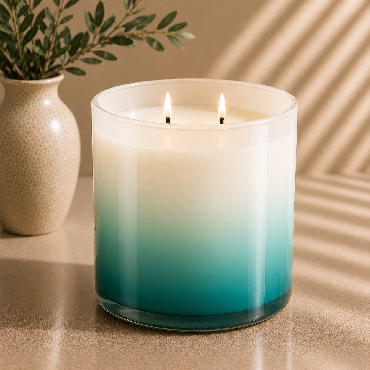 Two-wick candle in clear glass jar with white-to-teal ombre gradient, lit flames glowing, beside potted plant and casting window shadows on beige surface