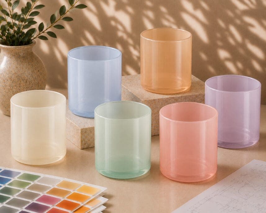 Six colored glass cylinders in cream, blue, mint, peach, and mauve arranged on a sandy surface with a potted plant and color swatch palette, showcasing decorative glassware options