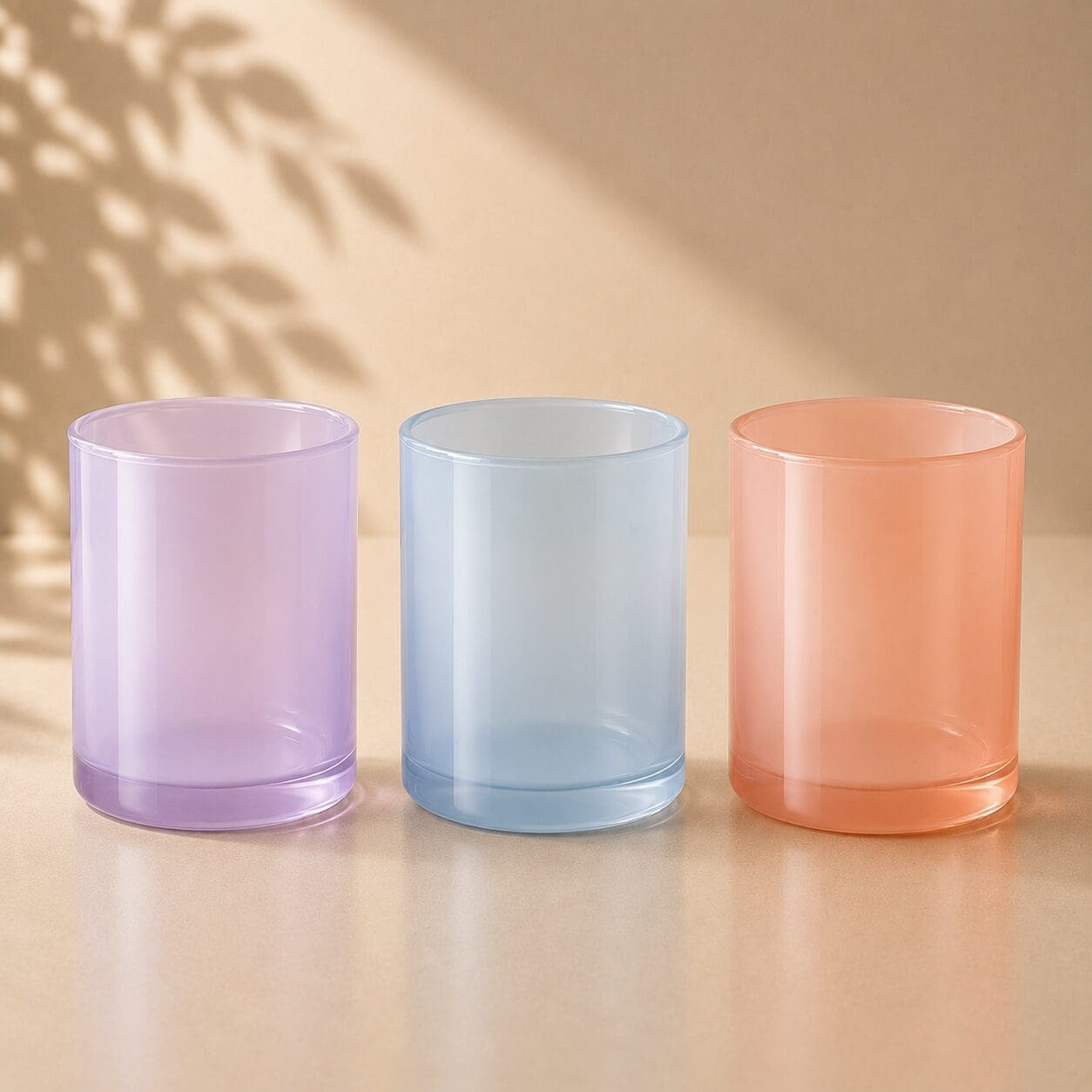 Three empty translucent glass jars in purple, blue, and coral pink arranged on a beige surface with leaf shadows, ready for candle filling or decorating services