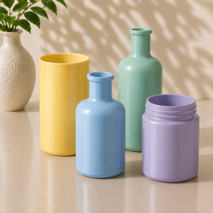 Colorful ceramic vessels in yellow, blue, green, and purple arranged on a light surface with a white textured vase and green plant in the background