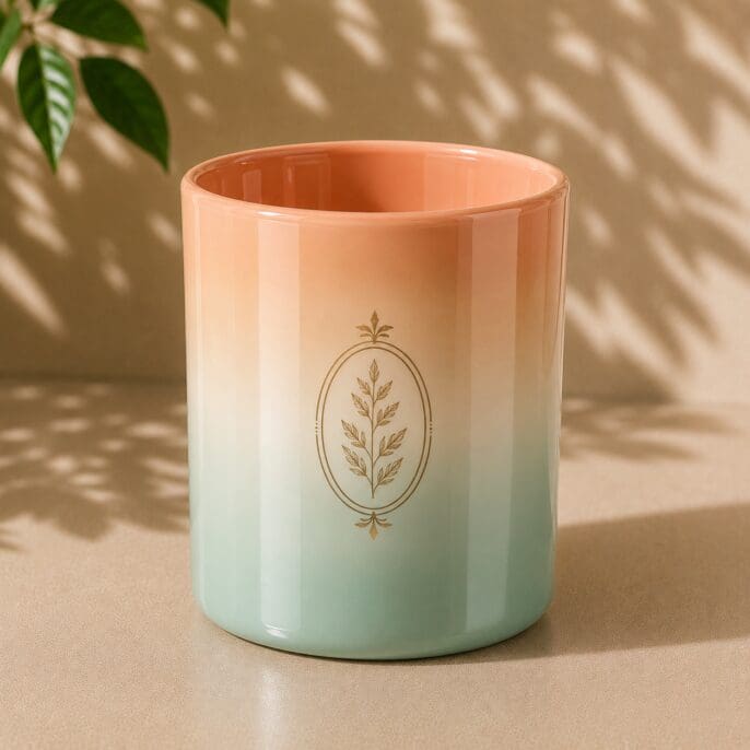 Gradient glass candle jar transitioning from coral to mint green with gold botanical leaf design in oval frame, displayed on neutral surface with natural shadow