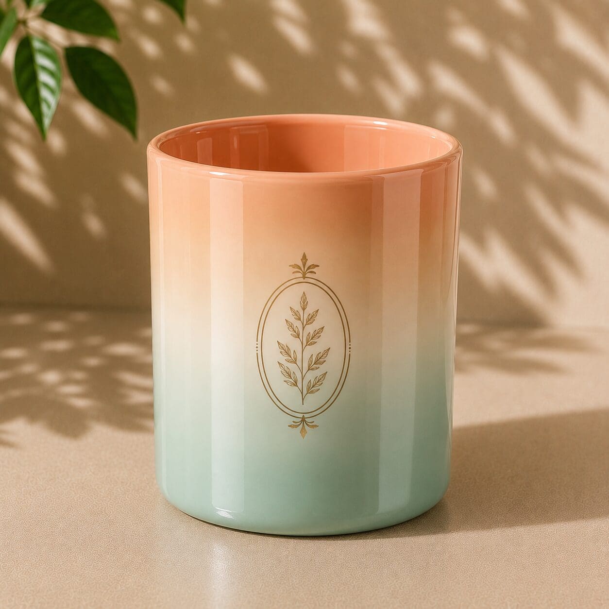 Gradient glass candle jar transitioning from coral to mint green with gold botanical leaf design in oval frame, displayed on neutral surface with natural shadow