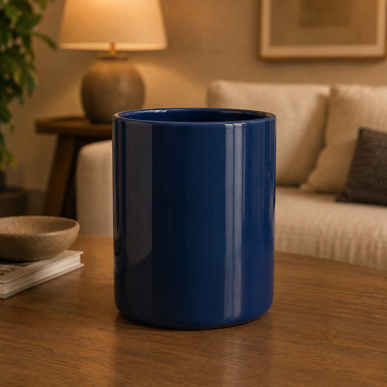 Deep blue cylindrical ceramic vessel on wooden table in modern living room setting with beige sofa and warm lighting