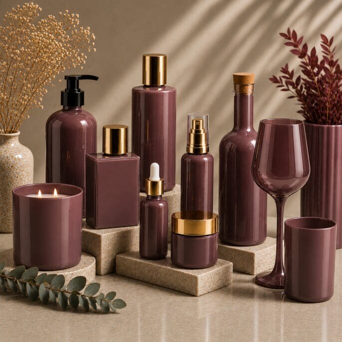 Luxury spa and beauty collection featuring burgundy glass bottles, jars and drinkware with gold accents, displayed on stone bases with dried flowers and a lit candle