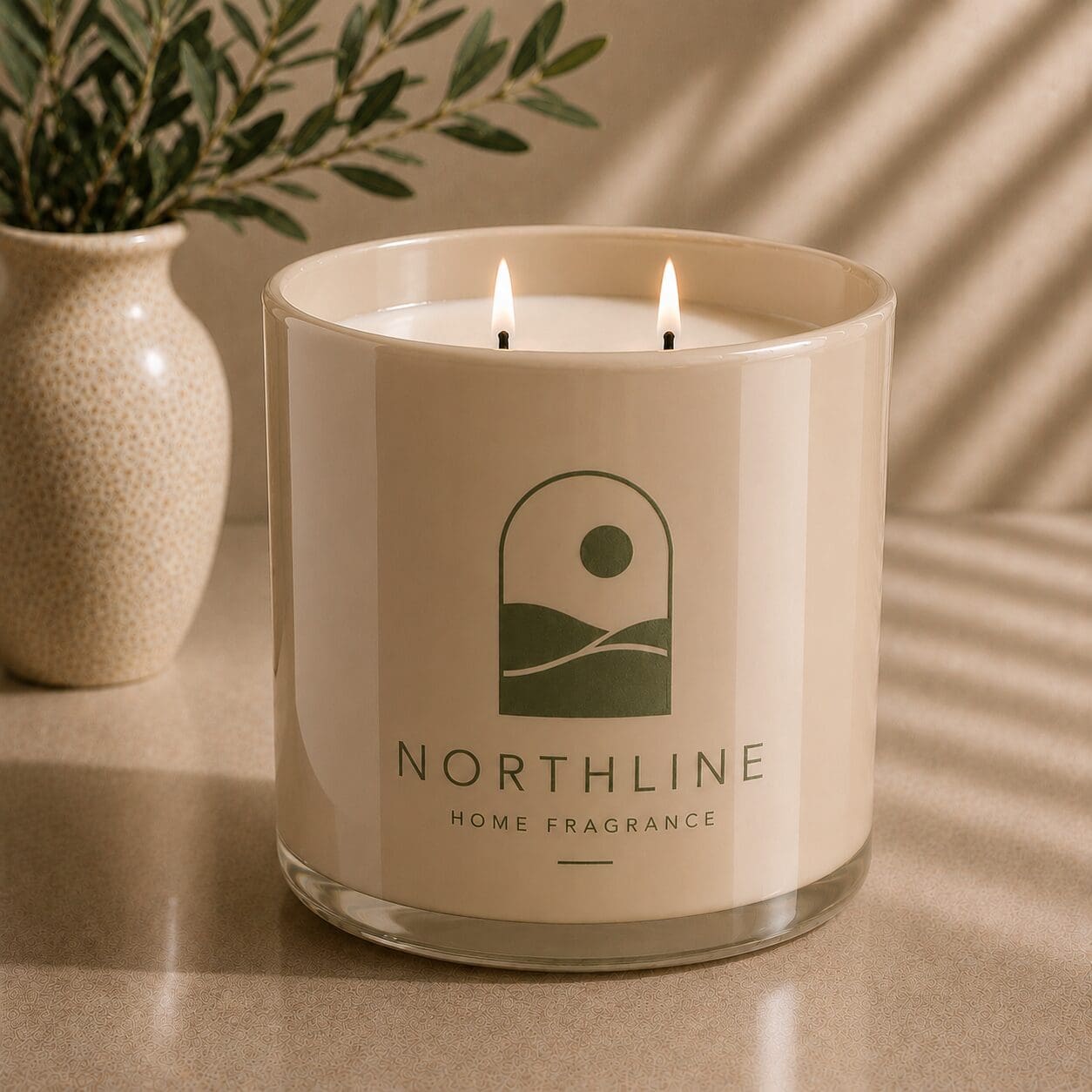 Northline Home Fragrance scented candle in cream glass jar with two lit wicks, displayed beside textured ceramic vase with greenery on neutral surface