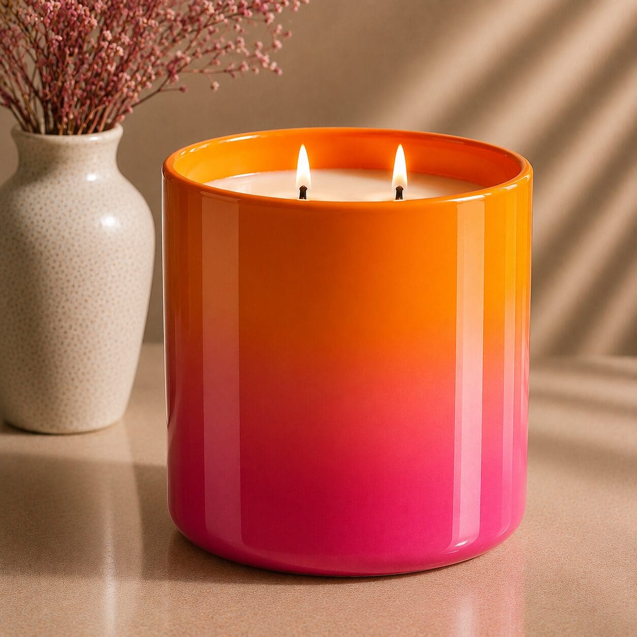 Orange to pink gradient glass candle with two lit wicks next to a white vase holding dried pink flowers on a beige surface