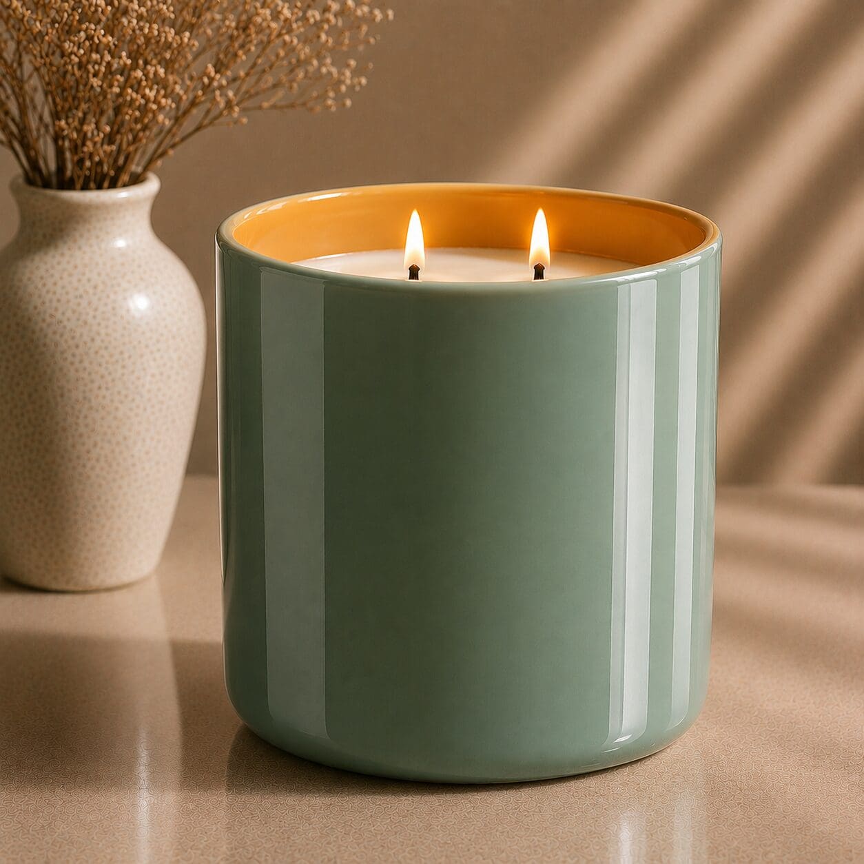 Sage green ribbed glass candle jar with two lit wicks and golden interior, beside a cream ceramic vase holding dried botanicals on a neutral surface with soft shadows