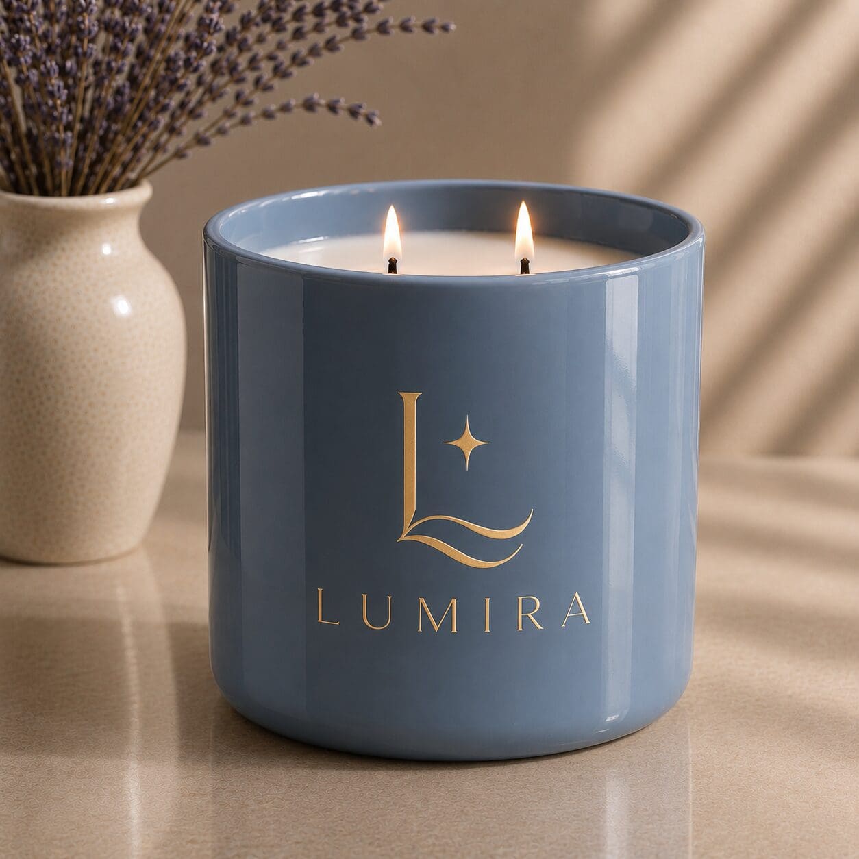 Blue ceramic candle jar with gold "LUMIRA" logo and two lit wicks, displayed next to a cream vase with dried lavender on a light wooden surface