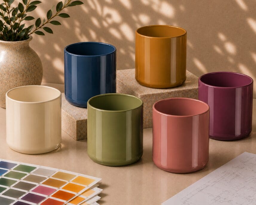 Six colorful cylindrical glass containers in cream, navy, olive, coral, rust, and burgundy arranged on a textured surface with color swatches and design sketches, showcasing candle jar and drinkware decorating options