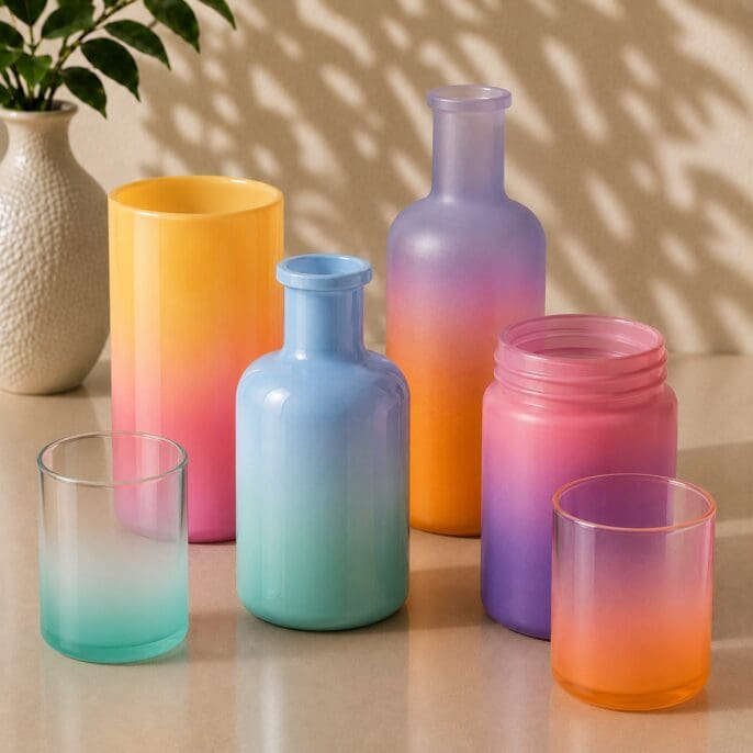 Colorful ombre glass containers and bottles with gradient designs in pink, purple, orange, and blue arranged on a neutral surface with a potted plant and natural shadows