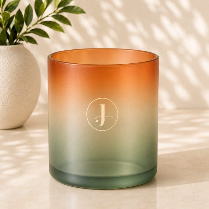 Gradient frosted glass candle jar with orange-to-green ombre effect and circular monogram 