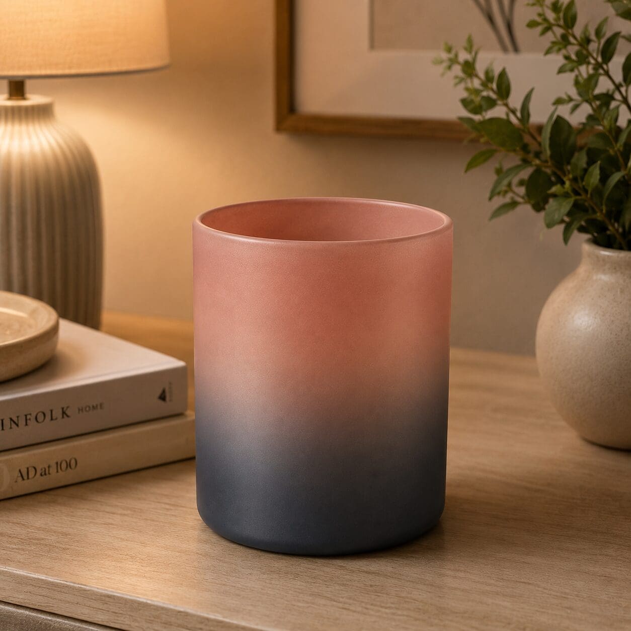Gradient ombré cylinder vase transitioning from dusty rose to charcoal, displayed on wooden desk with lamp, books, and potted plant