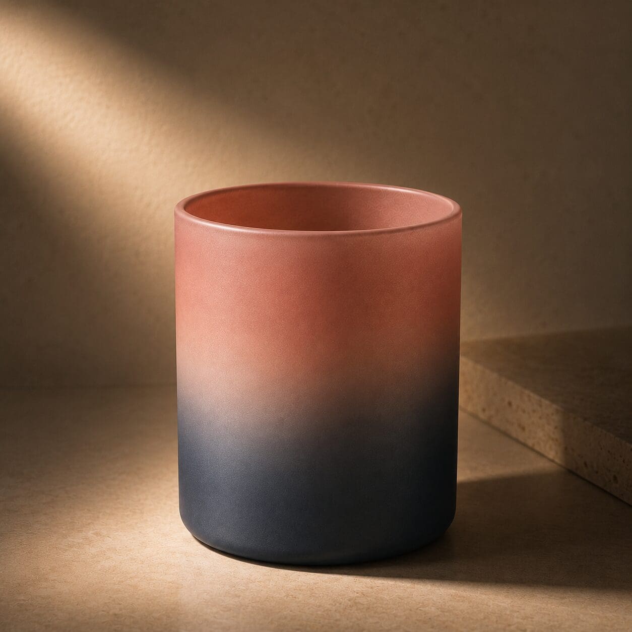 Frosted glass candle jar with ombre gradient from coral pink at top to charcoal black at bottom, illuminated by warm sunlight on neutral surface