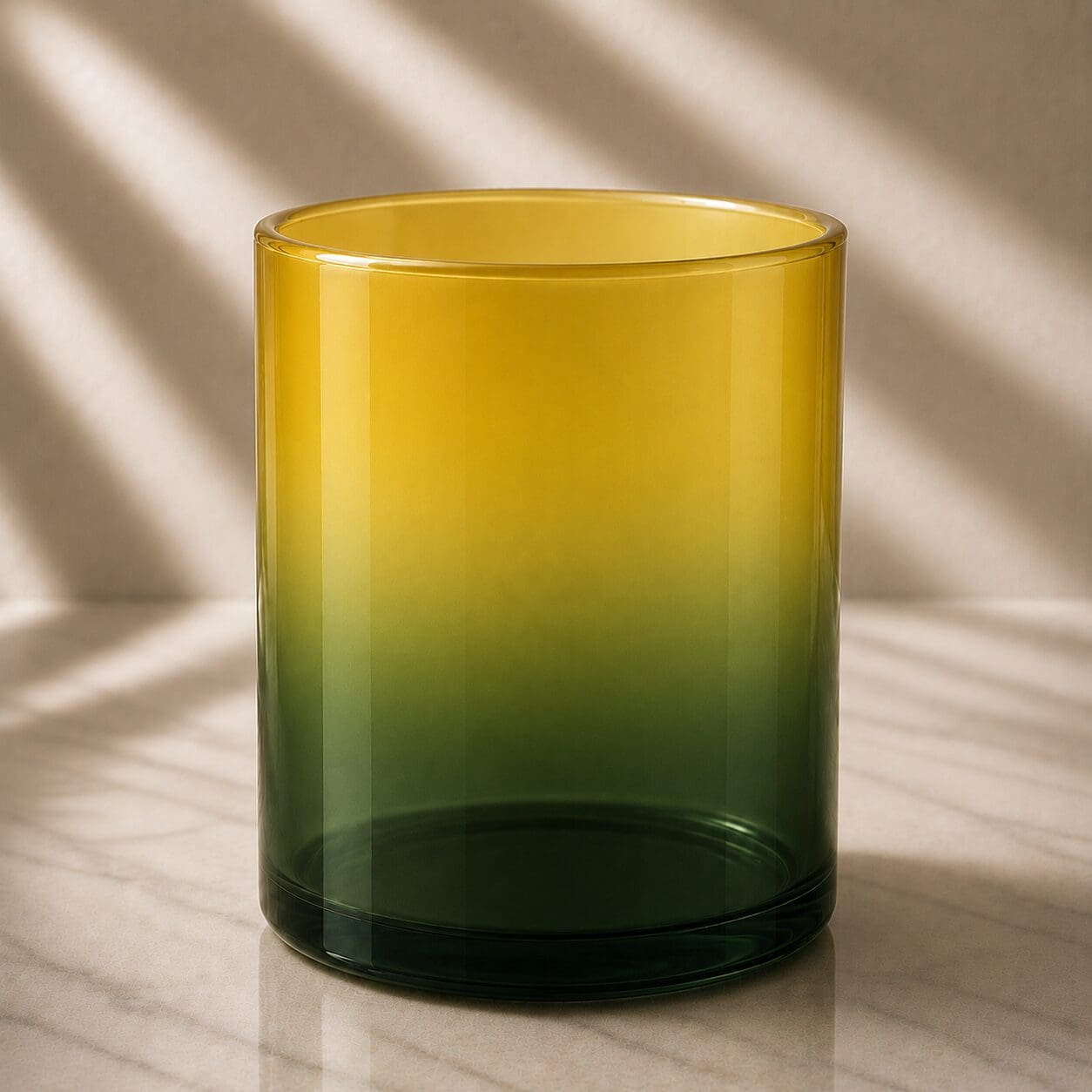 Empty gradient glass cylinder with yellow-to-green ombre coloring, sitting on marble surface with natural light casting shadows