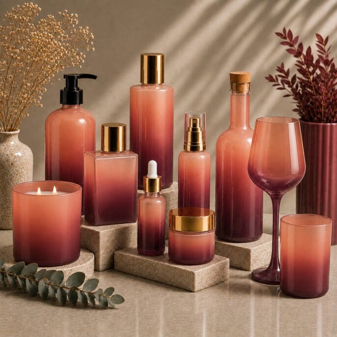 Luxury beauty and home décor collection featuring coral and burgundy ombré glass bottles, candles, and drinkware with gold accents, arranged on stone bases with dried flowers