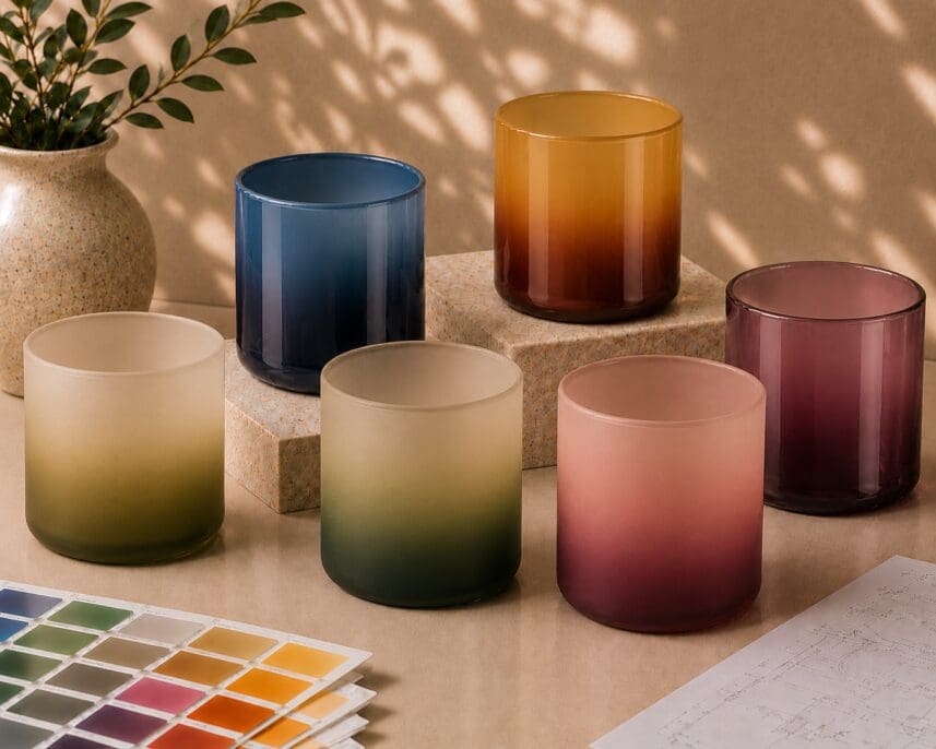 Collection of colorful gradient glass containers and candle jars displayed on cork blocks, featuring navy, amber, and burgundy ombre effects with color swatches and design plans below