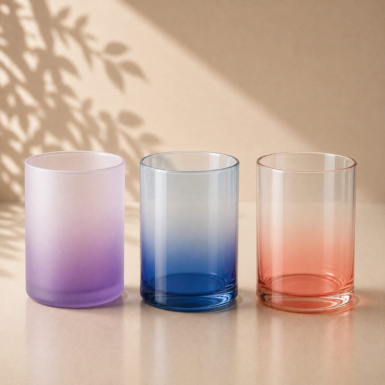 Three frosted gradient drinkware glasses in purple, blue, and coral displayed on a beige surface with leaf shadows, showcasing decorative glass finishing techniques