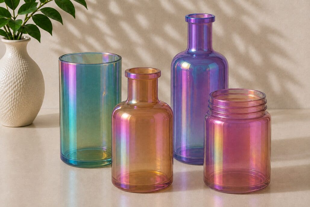 Colorful iridescent glass containers including a cylinder, bottles, and jars with rainbow reflections arranged on a light surface next to a white vase with greenery