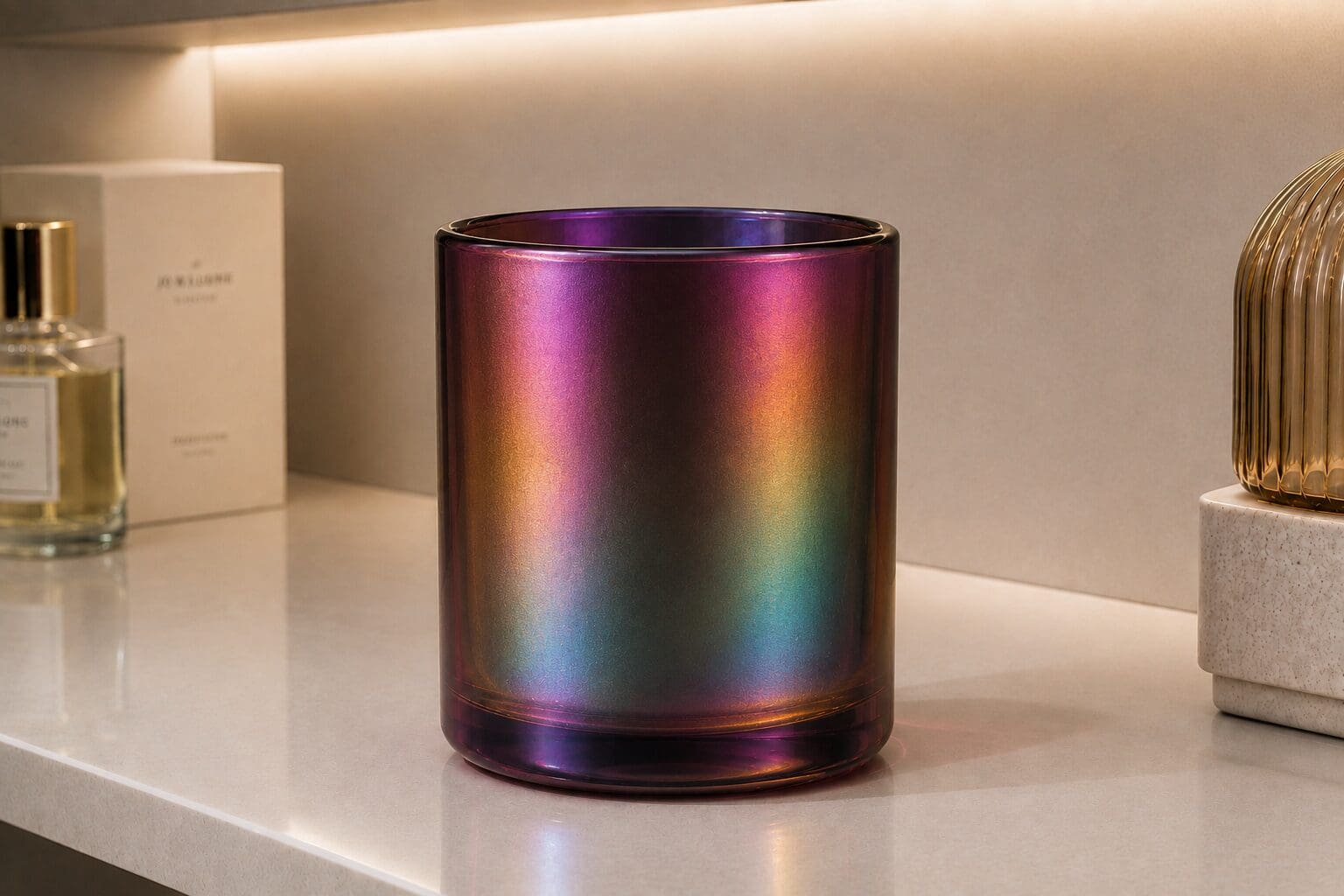 Iridescent glass candle jar with rainbow metallic coating displayed on white shelf among luxury home decor items
