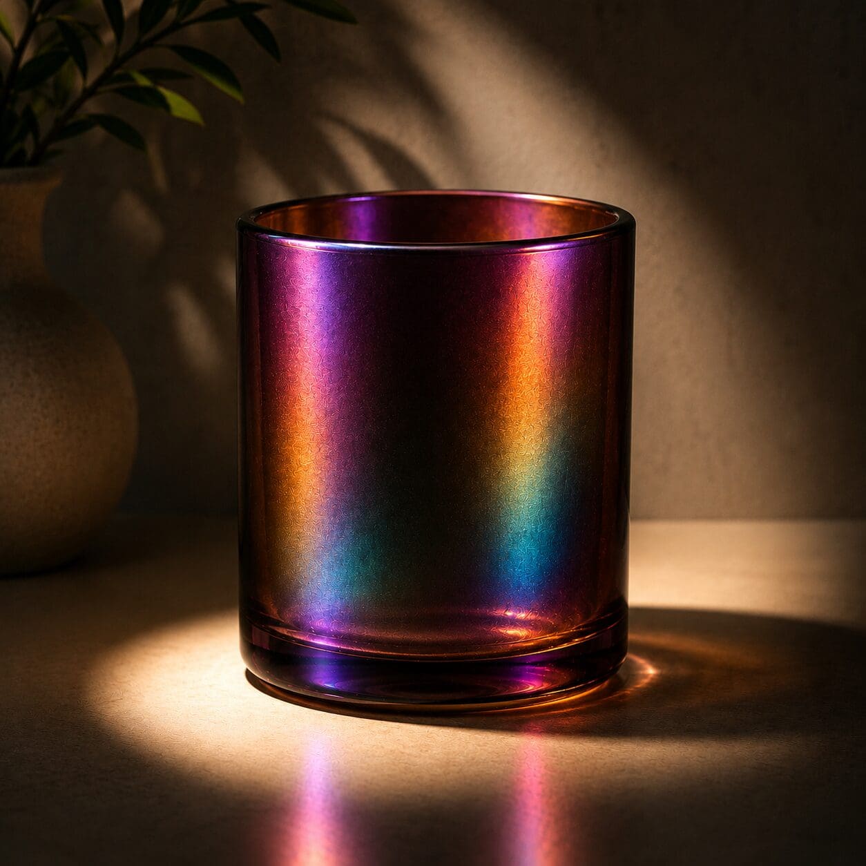 Iridescent glass cylinder with rainbow metallic coating reflecting purple, pink, orange, and blue hues in natural sunlight, suitable for candle jars or decorative drinkware
