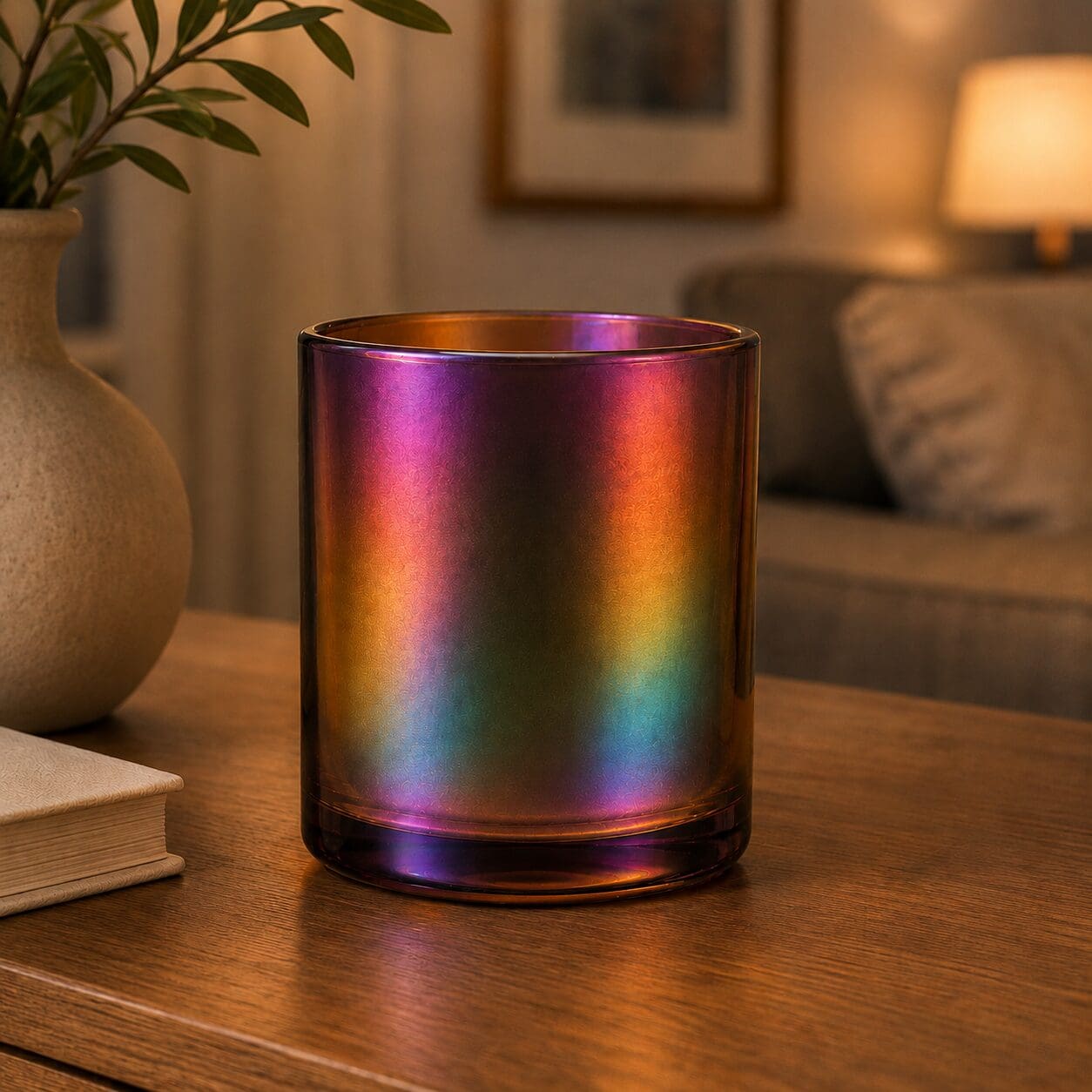 Iridescent glass cup with rainbow metallic coating on wooden table beside potted plant and book in warm home setting