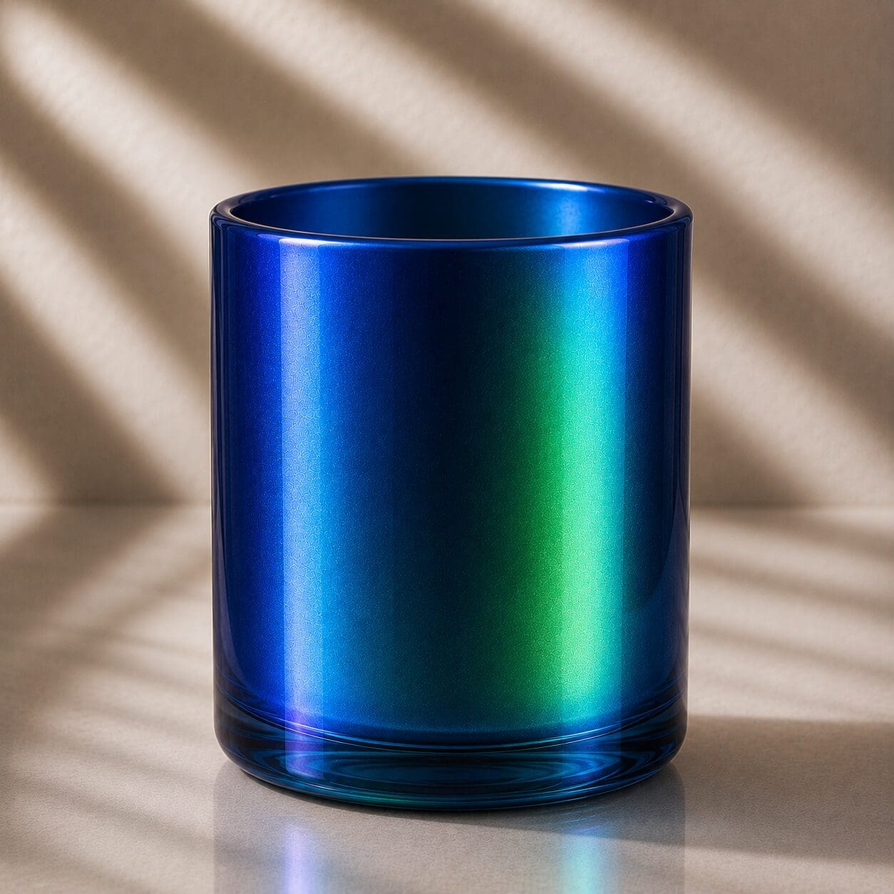 Iridescent blue and green glass cylinder with reflective metallic finish on neutral surface with diagonal sunlight shadows