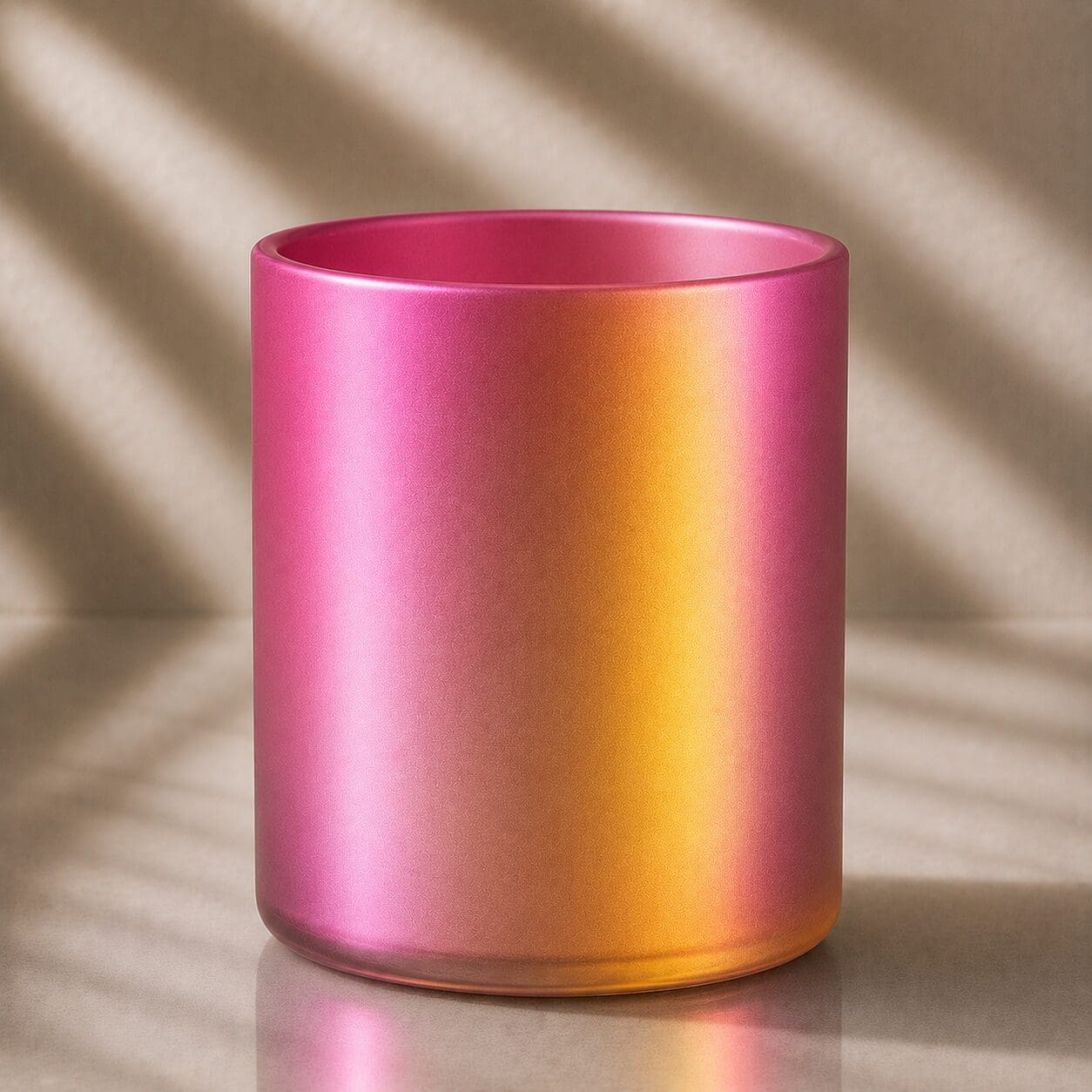 Iridescent pink and gold gradient cylindrical glass container with metallic finish and sunlit shadow backdrop