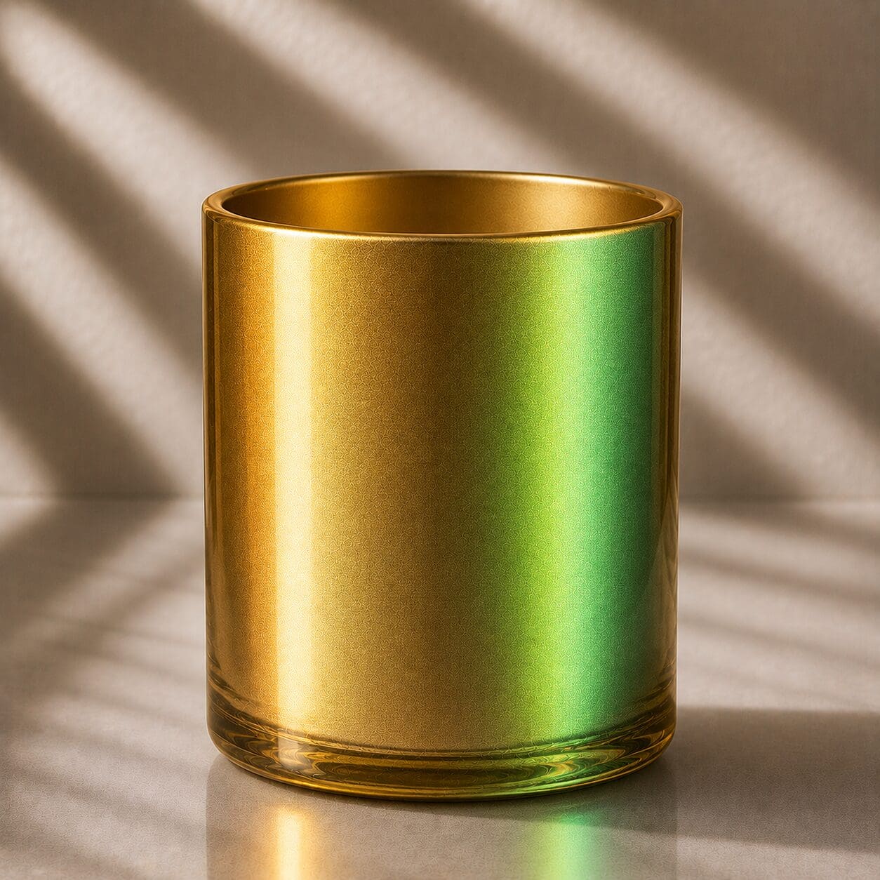 Metallic gold and green gradient glass cylinder with polished rim, catching sunlight with reflective finish