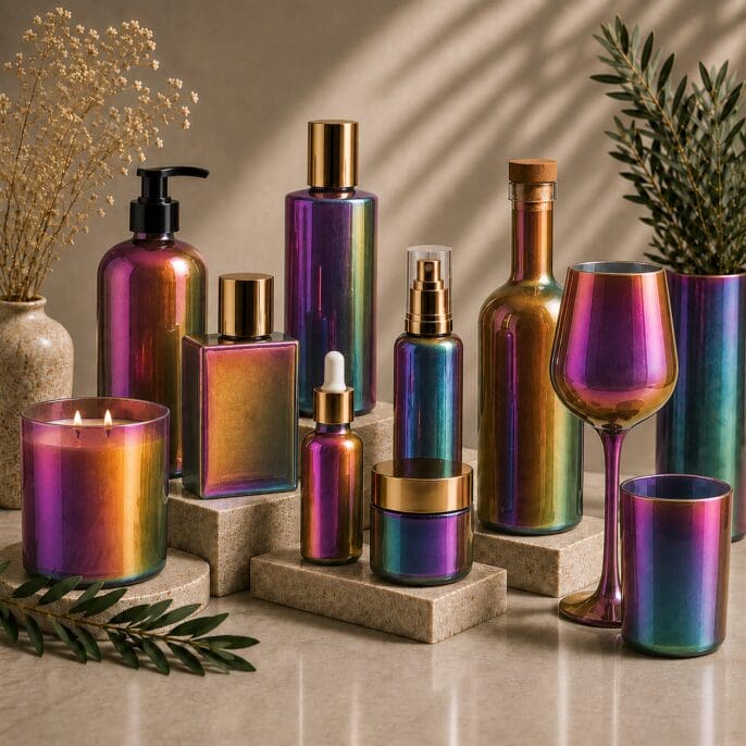 Colorful iridescent glass bottles, jars, and candle containers with gold accents arranged on stone pedestals, decorated with holographic finishes and metallic designs
